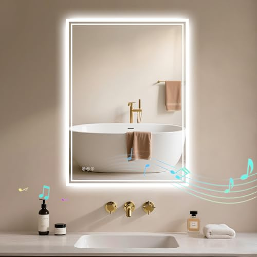 Archaluxe Badspiegel-mit-Beleuchtung 80x60 - LED Badezimmerspiegel mit Bluetooth Badezimmer Spiegel mit Beleuchtung, Entfoggen, Dimmbar, 3 Lichtfarben, Wandspiegel Led-Spiegel-Bad Horizontal/Vertikal