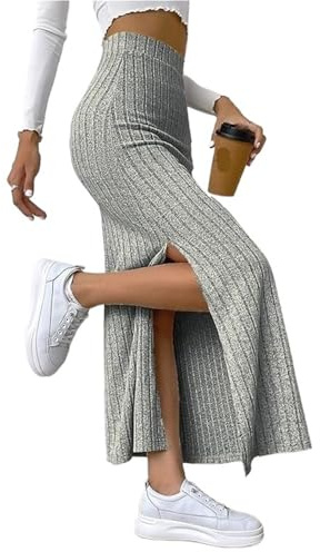 ZYFHYU Gonna Lunga Lavorata a Maglia Gonna Tubino Aderente da Donna Lavorata a Coste Lunga a Vita Alta Longuette a Fessura(Grey,S)