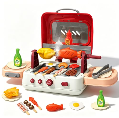 CATCHLUCK Grill-Spielzeugset für Kinder mit Rauchgeräuschen & Licht, Spielzeug-Lebensmittel & Küchenzubehör, interaktives Grill Camping-Koch Grillspielset für Kinder im Alter von 3 bis 8 Jahren (RED)