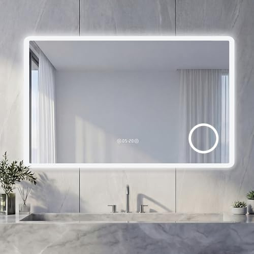 NeoArt Espejo baño con luz Frontal LED antivaho función Memoria 100x60 cm | Espejo de baño regulable 3000K-6500K 3 colores ajuste de brillo 10%-100% espejo de aumento 3X interruptor táctil IP44 IP65