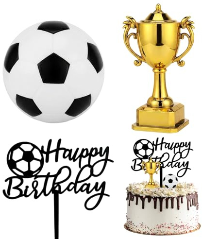Football Cake Decorations, 3 Piece Football Cake Toppers Set with World Cup Trophy Design, Birthday Party Decorations with Plastic Football and Trophy Topper