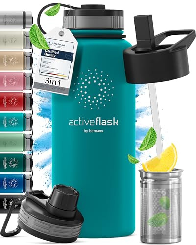 Gourde Inox Isotherme ACTIVE FLASK 1l/500ml sans BPA + Paille (3 Bouchons) | Bouteille d’eau Acier Inoxydable Isolée, Thermos Réutilisable | Camping Velo Sport Running Randonnée Enfant, Café The