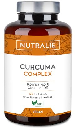 Curcuma Bio avec Gingembre + Poivre Noir (1420 mg par dose) - Piperine + Curcumine + Black Pepper - 120 Gélules Nutralie