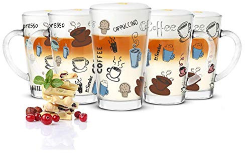 Sendez 6er Set Latte Macchiato Gläser 300 ml – Bunte Kaffeegläser mit Kaffee-Aufdruck, hitzebeständige Teegläser für Kaffee, Latte, Cappuccino & Tee