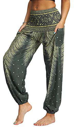 Nuofengkudu Mujer Hippies Pantalones Harem Tailandeses Boho Estampados Bolsillos Cintura Alta Baggy Yoga Pants Verano Playa Fiesta (Verde C,Talla única)