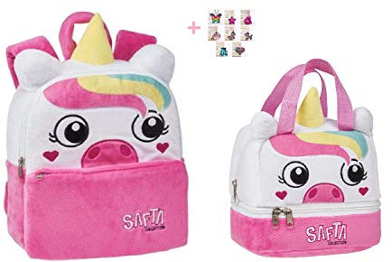 Mini-Rucksack Einhorn Rosa Kindergarten Doppelfach + Brottasche + Schlüsselanhänger mit Pailletten