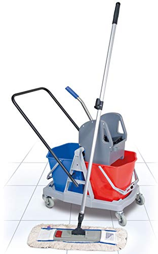 BRB Komplett-Set 8-teilig, Reinigungswagen mit 2 Eimern 17 Liter, Mopppresse, Alu-Teleskopstiel, Mopp-Halter, Profi-Wischmopp