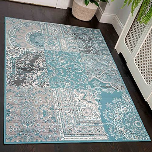 Oriental Traditional Light Blue Floral Living Room Carpet Rug Large Patchwork Grey Teal Medallion Lounge Sitting Room Bedroom Area Rugs 190cm x 280cm