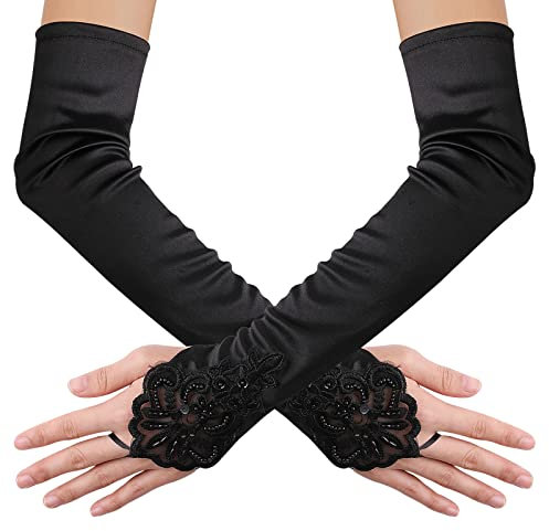 Yolev Lange Schwarze Damen Handschuhe - Opern, Spitze, Satin, Fingerlos für Hochzeit, Braut, Tanz, Party, Weihnachten, Halloween, 1920er Jahre