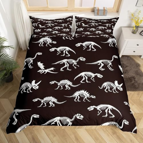 Dinosaur Skeleton Duvet Cover Queen Size Dinosaur Bones Comforter Cover with 2 Pillowcase for Teens Kids Ancient Animals Bedding Set Black and White Breathable 3 Pcs Decorative Bed Cover(No Comforter)