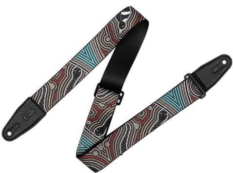 Levy's Leathers Unisex's 2 Poly Strap with Down Under Guitar Bird and Snake Design and Black Leather Ends Adjustable from 35” to 60, One Size