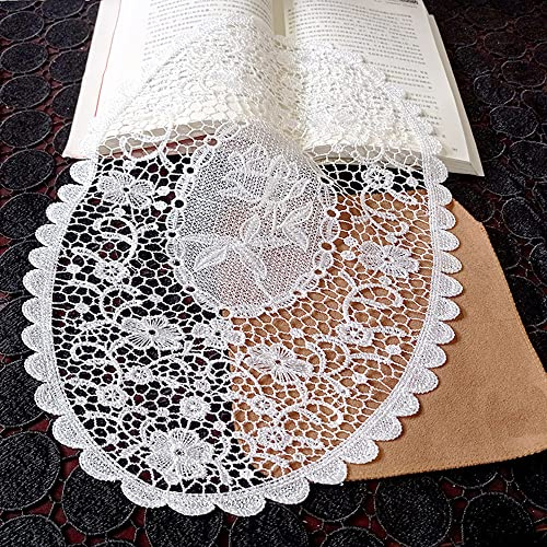 Duories 2 Stück Spitzendeckchen Spitze Untersetzer Runden Blumen-Form Matte Tischset Platzsets Tisch Vollhäkel Deckchen Cup Coasters für Esszimmer Küche Bankett Hochzeit Deko,Weiss,41x31cm