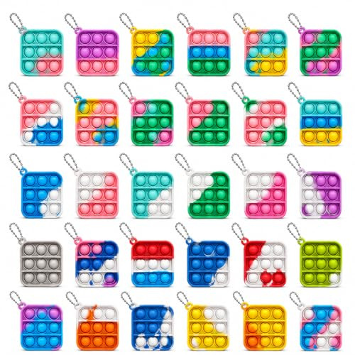 30 Pcs Mini Pop Fidget Keychains, Silicone Squeeze Toys | Easy to clip onto keys, bags or backpacks. Soft, washable silicone. Ideal for party bags, classroom rewards