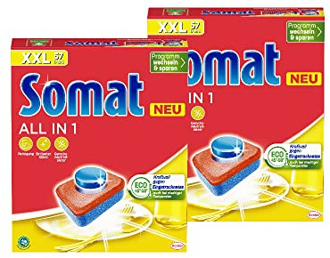 Somat All in 1 Spülmaschinen Tabs (2x57 Tabs), Geschirrspül Tabs für strahlende Sauberkeit auch bei niedrigen Temperaturen, kraftvoll gegen Eingetrocknetes
