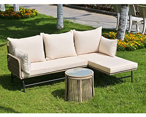 Kayan Lounge Gartenmöbel Set, Gartenmöbel aus gewebtem Seil für den Außenbereich, L-förmiges Gartensofa mit Tisch und Kissen, Beige