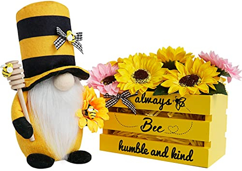 Bee Decor, Wood Bee Crate Decorations, Humble Bee Gnome Plush with Honey Dipper,Rustic Farmhouse Bee Tiered Tray Decor, Mini Wood Crate with Artificial Sunflowers Decor, Summer Decorations for Home