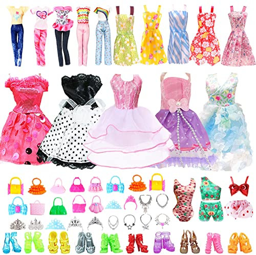 42 Stück Kleidung und Accessoires für Puppen, 7 Röcke + 2 Sets mit kurzen Ärmeln + 1 Badeanzug + 6 Kronen + 6 Halsbänder + 10 Taschen + 10 Paar Schuhe für 11,5 Zoll / 30 cm