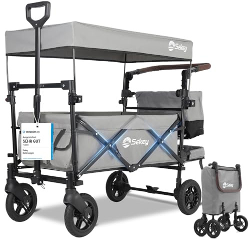 Sekey Carro Plegable Infantil con Techo para 2 Niños 100KG, Carrito de Transporte Plegable para Niños con Manija Empujadora, Ruedas de PU a Prueba de Golpes y Frenos 110L, SS5050, Gris
