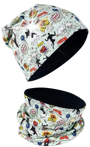 HECKBO Winter 360° Reflektor Kinder Beanie Mütze & Loop Schal Set - Superheld - Vlies innen - 2-8 Jahre - 95% Baumwolle