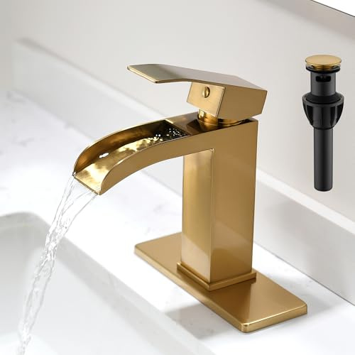 BRAVEBAR Waterfall Bathroom Faucet Gold - Single Handle Sink Faucets Bathroom 1 Hole Or 3 Hole for 4In | Modern Solid Vanity Faucet with Deck Plate & Overflow Pop Up Drain Brushed Gold