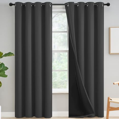 Yakamok 100 % Verdunkelungsvorhänge für Schlafzimmer, lichtblockierende Vorhänge mit schwarzer Rückseite, geräuschreduzierende, wärmeisolierte Ösenpaneele für Wohnzimmer, 52 B x 96 L, Anthrazit, 2