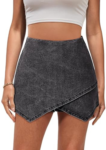 luvamia Jean Skorts Women Skorts Skirt with Pockets Asymmetrical Skirt for Women Denim Mini Skort Black Skort Mini Vintage Black Large Fits Size 12 / Size 14