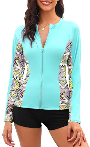 Tuopuda Rash Guard Donna Maniche Lunghe Maglietta Anti UV UPF50+ Top Protezione Solare Camicie da Bagno Asciugatura Rapida con Chiusura Lampo per Nuoto Surf Snorkeling, Aqua Blue, XXL