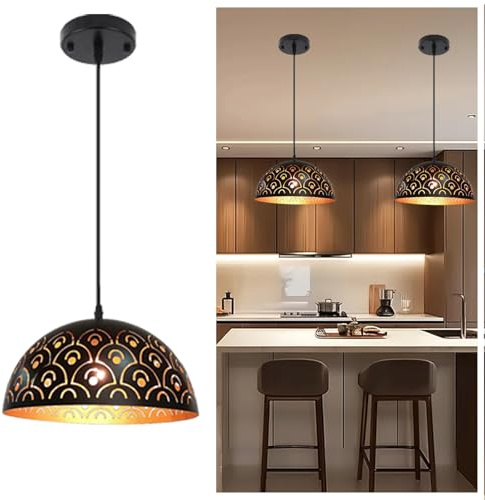 YNDD Hängelampe Esstisch Schwarz Gold, Küchenlampe Hängend Verstellbar Pendellampe Retro Vintage E27 Ø: 30cm Metall Hängeleuchten & Pendelleuchten Rund Aushöhlen Kronleuchter für Küche Esszimmer