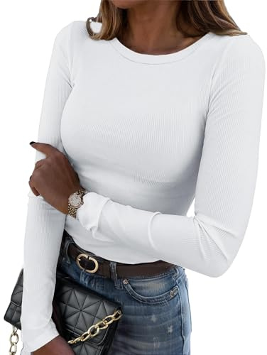 Zeagoo Camiseta de Manga Larga para Mujer T Shirt de Punto Acanalado Camisas Elegantes con Cuello Redondo Camisetas Slim Fit Elástico Jersey Blanco XL
