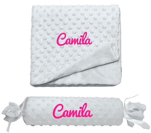 rparty- Cojín en Forma de Caramelo + Manta de Burbujas para Bebé Recian Nacido – Textura Extra Suave de Burbujas, Personalizado con el Nombre del Bebé Bordado y Puntilla de Encaje, Desenfundable.