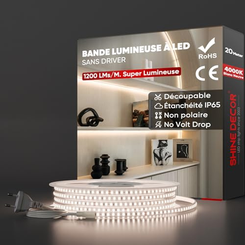 Shine Decor LED Streifen 20m, AC 220V 230V IP65 Wasserdicht LED Band, SMD 2835 120 leds/m Ultrahohe Helligkeit Lichtleiste für Küche Garten LED Beleuchtung (20M, Neutralweiß, CE Zertifiziert)