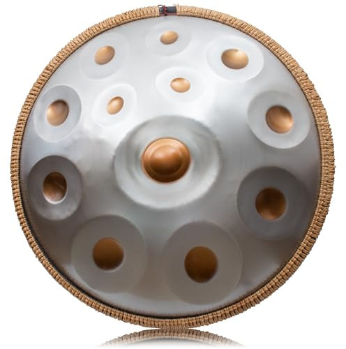 LOMUTY Handpan Drum 14 Töne 22 Zoll Stahltrommel in D-Moll Kurd 440 HZ Steel Tongue Drum mit weicher Tasche, Harmonic Percussion für Sound Healing, Meditation, Yoga, Silber