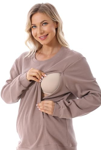 FEOYA Gravida kvinnor omvårdnad sweatshirt damer långärmad amningsskjorta sweatshirt amning topp mammamode varm tröja för amning