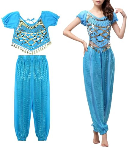 XDGBGFN Costume da danza del ventre da donna, top e lanterna, pantaloni professionali, orientali, costume da carnevale (azzurro, S)
