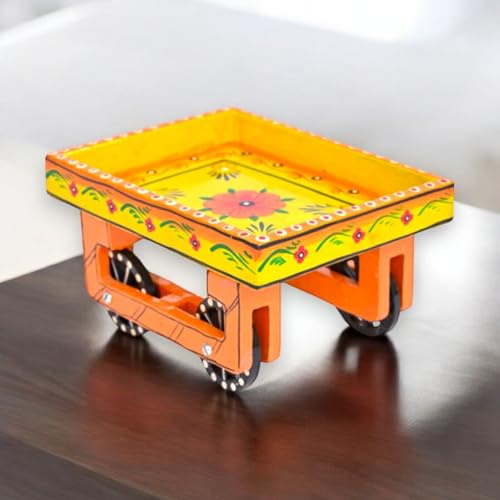 LOVENSPIRE Wooden Trolley with Wheels Hand Painted Serving Tray Indian Decorative Platter for Snack Tea Home Kitchen Restaurant Table Decor Great Gift Idea
