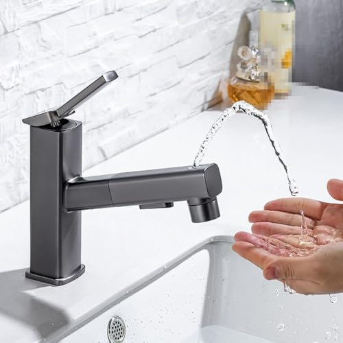 QTYQWC Ausziehbarer Wasserhahn fürs Badezimmer, 3 Modi, Waschbeckenarmatur, 1 Loch für Unterbauwaschbecken, Schwarz