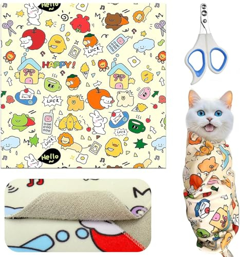Okiki Cat Grooming Wrap, Cat Wrap with Cat Nail Clipper, Katzenpflegetuch,Katzenfesseln zum Nagelknipsen mit Krallenschere, Selbsthaftend Katzenwickel zum Krallenschneiden