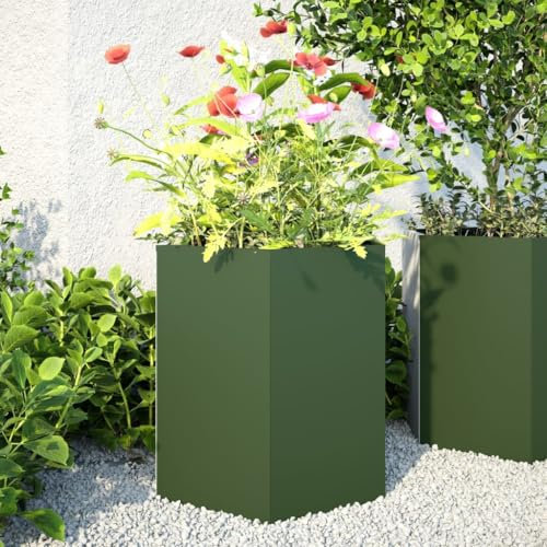Myheimly Garten-Pflanzgefäße 2 STK.Olivgrün Sechseckig，Blumenkübel mit Offenem Boden, Hochbeet für Garten Terrasse, Pflanzkasten Blumenkasten Kompostbehälter, 46x40x45 cm Stahl