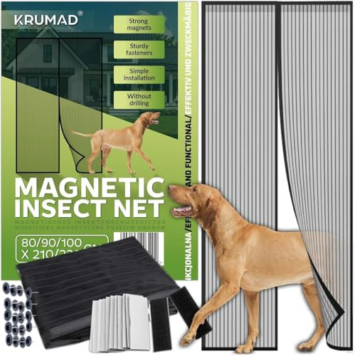KRUMAD Fliegengitter Tür Magnet 100x220cm, Universalgröße zum Zuschneiden, Insektenschutz Balkontür ohne Bohren, Fliegengitter Balkontür Magnet, Automatischer Magnetverschluss, Schwarz