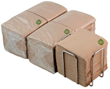 Confezione da 300 Tovaglioli Cocktail in Carta 100% Riciclabili e Biodegradabili + Portatovaglioli da Tavolo Acciaio Inox - Tovaglioli Ecologici - 10 x 10 cm Piegati - Hostelnovo