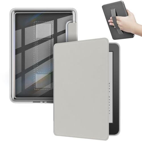 ERUNTO Hülle für 6-Zoll Kindle (2022 & 2024), Transparenter Acrylrücken, Magnetische Abdeckung mit Handschlaufe, Auto Aufwachen/Schlafen(Grau)