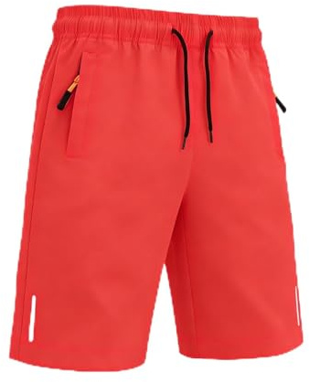 Himcus Boys PE Shorts Kids Football Sports Quick-Dry Gym Activewear Running Shorts with Drawstring,Zip Pockets(Tag 140,Red,7-8Y)