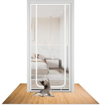 Katzengitter Balkontür, Haustiersichere Mesh Tür für Wohnzimmer, Verdickte Katzenfeste Netzgittertür, Verhindern Katzen aus Laufen, Schlafzimmer, Küche, Terrasse (Weiß, 80 X 200 cm)