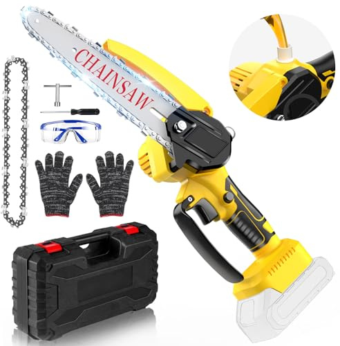 Mini motosega da 8 pollici a batteria,Motosega Elettrica 650W, Elettrosega Compatta Sega da Potatura con 2 Chains e Blocco di Sicurezza,per taglio legno e potatura alberi (giallo)