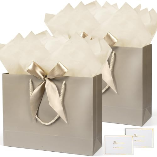 2 Stück Geschenktüten Mittel, Champagner Geschenktüte Set mit Seidenpapier und Grußkarte, Papiertüten mit Henkel, Geschenktaschen Geschenktüten für Geburtstag, Party, Hochzeit, Feier, 25 x 20 x 12 cm