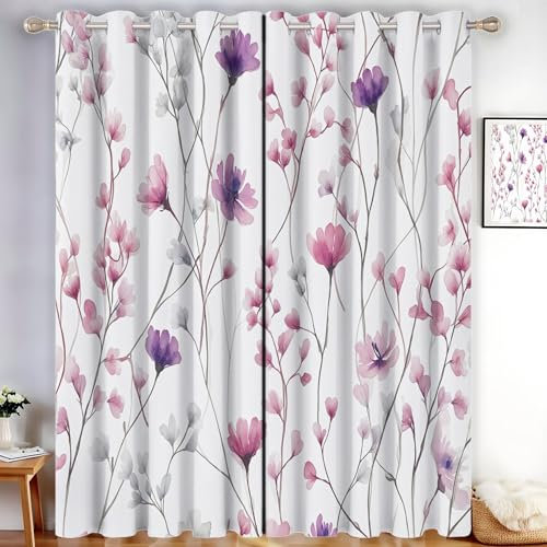 2 Fiori Ad Acquerello Tende Oscuranti per Interni, Motivo Fiori Di Campo Tenda Camera da Letto con Isolamento Termico, Anti-Rumore e Protezione UV, con Anelli, Pezzi, 132L X 160A cm, Lilla