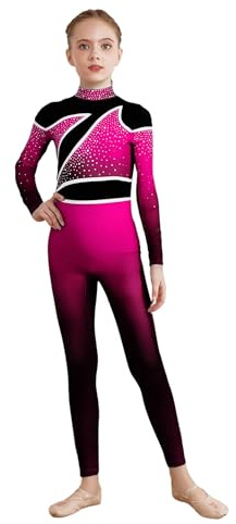 Miaeowve Voltigieranzug Mädchen Ganzkörper Kinder Strass Glitzer Gymnastikanzug Farbverlauf Tanzanzug Patchwork Trikotanzug Dancewear Hot Pink 134-140