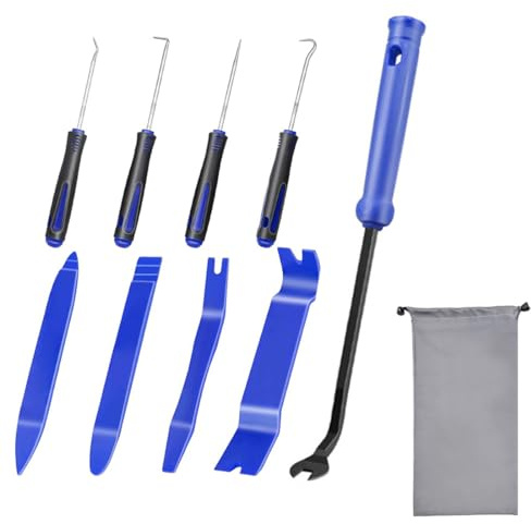 SGERUFZ Set di 9 Strumenti in Plastica per Smontaggio Interni Auto, con Grande Borsa Portaoggetti, Kit per Rimozione Modanature e Clip di Fissaggio (Blu)