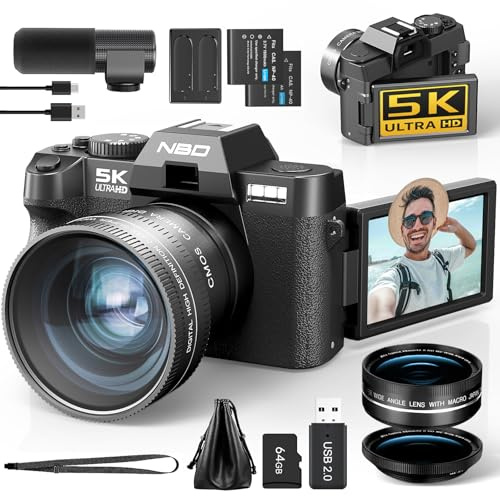 NBD 5K Digitalkamera 64MP, Autofokus, 16X Digitalzoom, Schwarz | 3 Zoll 180° Klappdisplay, WLAN, Mikrofon, Weitwinkel/Makro, 2 Akkus, 64GB Karte, Vlogging, Reisen, Anfänger