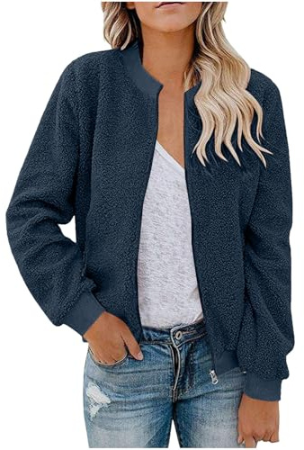 KOG Fleecejacke für Damen Herbstjacke Freizeit Fleecemantel Fleecejacken Einfarbig Oberteile Teenager Pullover Sweatjacke Teddyjacke Frauen Wollmantel Fahrradmantel Daunenmantel Marineblau S